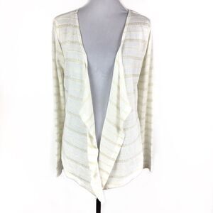 Karen Brooks Cardigan Open Waterfall Front Tan Ivory Stripe Long Sleeve Medium